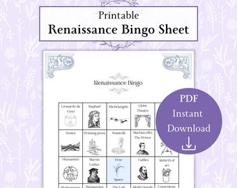 Renaissance bingospel afdrukbare pdf, kunstgeschiedenis klasactiviteit, onderwijsgeschiedenisspel, leermiddel voor thuisonderwijs