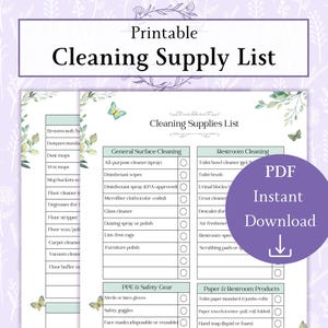 May include: Printable checklist with a green and white floral design. The checklist is titled "Cleaning Supplies List" and includes categories for General Surface Cleaning, Restroom Cleaning, PPE & Safety Gear, and Paper & Restroom Products. Each category has a list of cleaning supplies with checkboxes next to each item.