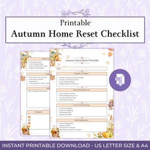 May include: A printable Autumn Home Reset Checklist document featuring sections for decluttering, deep cleaning, and home maintenance. The page is decorated with autumn-themed illustrations of pumpkins and leaves, with a PDF download icon included.