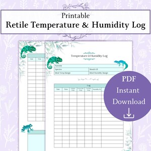 Könnte beinhalten: Druckbares Temperatur- und Feuchtigkeitsprotokoll für Reptilien mit einem türkis-weißen Design. Das Protokoll enthält Abschnitte für Arten, ideale Temperatur- und Feuchtigkeitsbereiche und ein Protokoll zur Aufzeichnung von Daten.