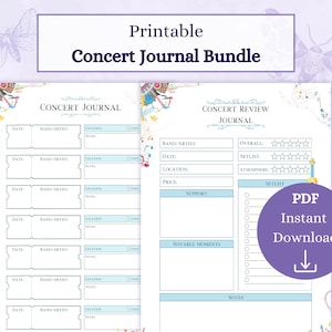 Konzert Journal Bundle Druckbares PDF | Gig Tracker Live Musik Bewertung | Konzert-Karte Gig-Review | Konzert Tracker