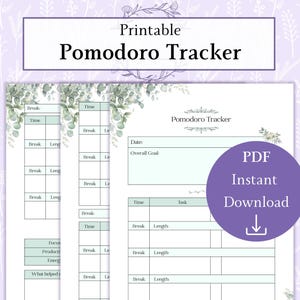May include: Printable Pomodoro Tracker with a floral design. The tracker includes sections for time, breaks, and tasks. A purple circle with the text "PDF Instant Download" is on the right side of the image.