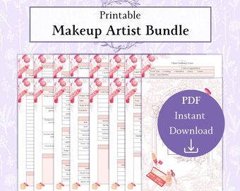 Peut inclure: Ensemble imprimable pour maquilleurs avec formulaires de commentaires clients et téléchargement instantané PDF. Les formulaires ont un design rose et blanc avec des illustrations sur le thème du maquillage. L'ensemble comprend des formulaires pour les notes de projet, les notes de look, etc.
