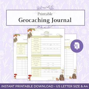 Op de afbeelding: Printbaar Geocaching Journal met gedetailleerde formulieren voor het vastleggen van cache-details, zoeknotities en logs. Het ontwerp bevat illustraties van paddenstoelen, rugzakken en bladeren. De tekst luidt "Printbaar Geocaching Journal".