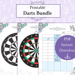 May include: Printable darts bundle with two dartboard designs and a scorecard. The dartboards are black and white and black, red, and green. The scorecard is blue and white with the text "Dart Cricket Score Card".