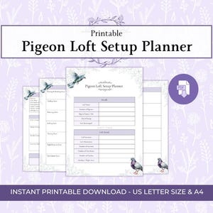 Puede incluir: Un documento imprimible Pigeon Loft Setup Planner con varias páginas que incluyen tablas para registrar detalles del palomar, conteo de palomas y mantenimiento. El diseño presenta ilustraciones de palomas sobre un fondo morado claro.
