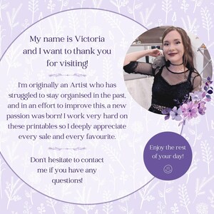 May include: A light purple background with a floral pattern and text that reads, "My name is Victoria and I want to thank you for visiting!" A woman is pictured in a circular frame.