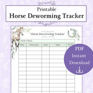 Registro de desparasitación de caballos en formato PDF imprimible / Seguimiento del cuidado de los caballos / Diario de medicación para equinos / Registro de desparasitación de caballos / Cuidado de la salud de los caballos