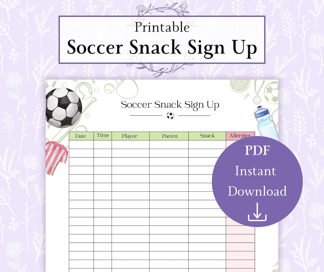 Soccer Snack Sign up Printable PDF | Football Sign up Snack List ...