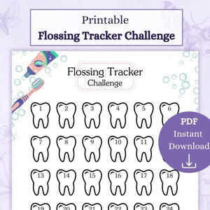 Flossing Tracker Challenge PDF imprimible / Registro de hilo dental / Planificador dental / Diario médico / Higiene dental / Gráfico de higiene