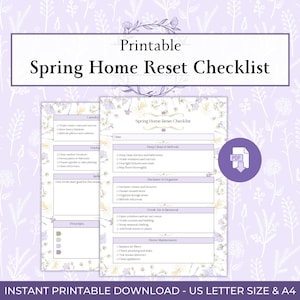 May include: A printable Spring Home Reset Checklist document featuring sections for deep cleaning, decluttering, and home maintenance. The design includes a light purple floral background, clear text headers, and a PDF download icon on the right side.