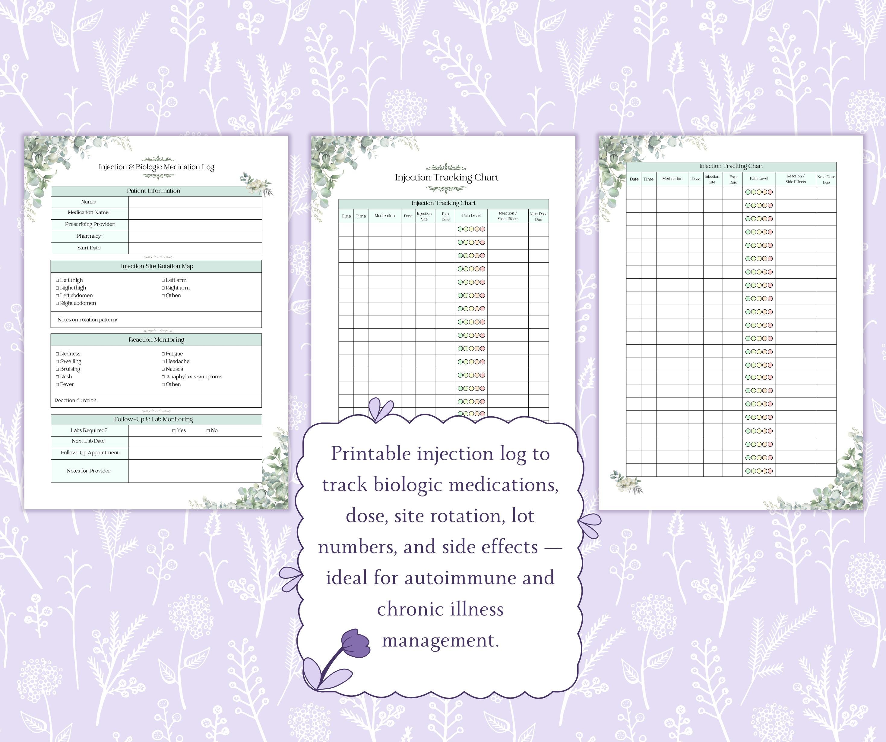 Injection Log Printable PDF, Biologic Medication Tracker, Self ...