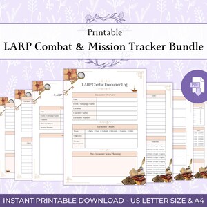 May include: Printable LARP Combat & Mission Tracker Bundle. The image shows several sheets of paper with a light peach and white color scheme. The text includes "LARP Combat Encounter Log" and "Instant Printable Download - US Letter Size & A4". A PDF icon is visible.