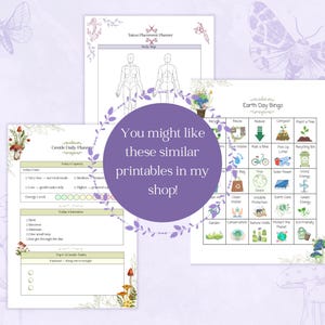 May include: A selection of printable planner pages, including a tattoo placement planner, a gentle daily planner, and an Earth Day Bingo game. The pages are decorated with floral and mushroom illustrations, with the text "You might like these similar printables in my shop!"