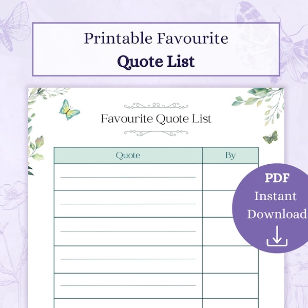 Favourite Quote List Printable PDF | Book Quote Tracker | Inspirational Quotes | Famous Quotes | Mottos List