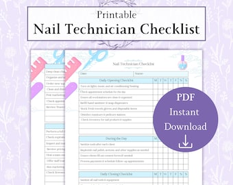 Nail Technician Checklist Printable PDF | Nail Salon Checklist | Nail Tech Forms | Nail Tech Checklist | Nail Artist Chart