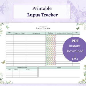 May include: Printable Lupus Tracker with a green and white floral design. The tracker includes sections for date, suspected trigger, symptoms, fatigue, medications/relief measures, notes, and appointments.