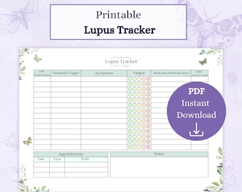 May include: Printable Lupus Tracker with a green and white floral design. The tracker includes sections for date, suspected trigger, symptoms, fatigue, medications/relief measures, notes, and appointments.