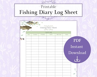 Könnte beinhalten: Ein druckbares Angel-Tagebuch-Protokollblatt mit einem lila Blumendesign. Das Blatt enthält Abschnitte für Datum, Ort, Wetter, Fang, verwendeter Köder und Notizen. Die Worte "Fishing Diary Log Sheet" stehen oben. Ein lila Kreis mit "PDF Instant Download" befindet sich rechts.