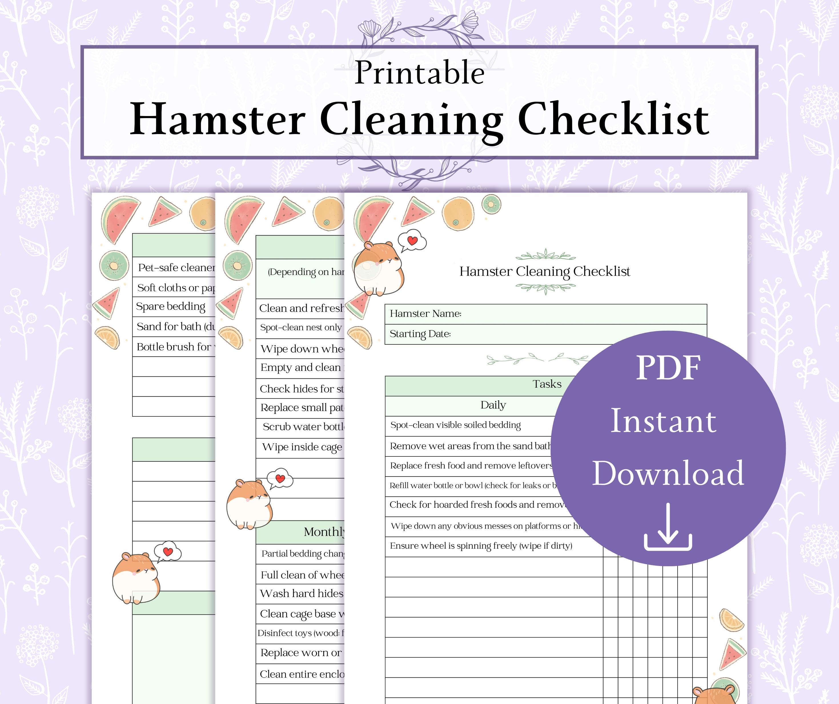 Hamster Cleaning Checklist Printable PDF, Hamster Care Guide, Cage ...
