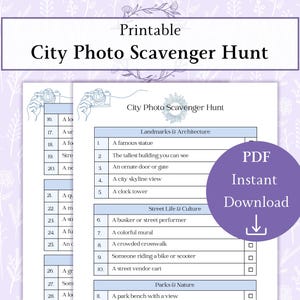 May include: Printable City Photo Scavenger Hunt checklist with categories like Landmarks & Architecture, Street Life & Culture, and Parks & Nature. Includes a PDF Instant Download button and illustrations of cameras.