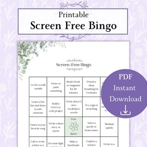 May include: A printable "Screen Free Bingo" game with a floral design. The bingo card includes activities like reading, drawing, and yoga. A purple circle with "PDF Instant Download" text and an arrow is on the right.