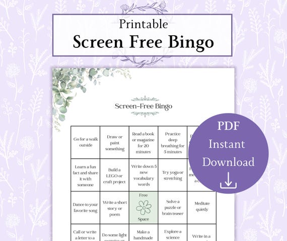 Screen Free Bingo Printable PDF, Screen Free Activity, No Screen Challenge Game, Screen Free Challenge