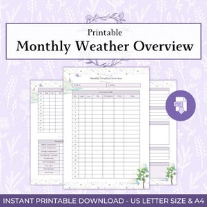 May include: Printable Monthly Weather Overview in US Letter size and A4. The design features a floral border and a PDF icon. The document includes sections for high and low temperatures, precipitation, and other weather details.