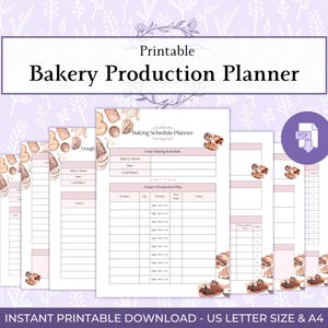 Op de afbeelding: Printbare Bakery Production Planner met een bloemmotief. De planner bevat pagina's voor een bakschema, dagschema en productieplan. De PDF-download is A4-formaat.