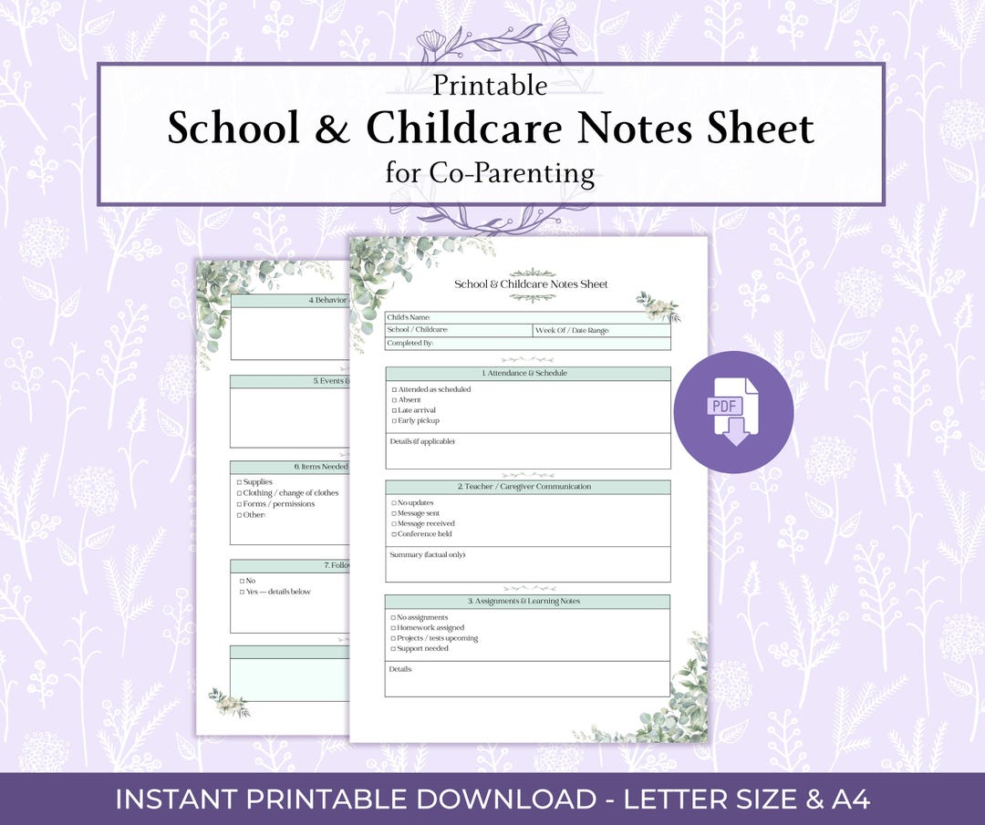 Child Notes School & Childcare Notes Sheet for Co-parenting Printable PDF. Court ...