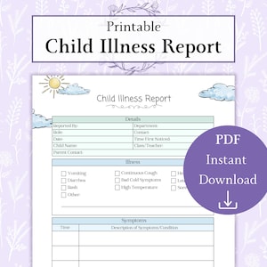 子供の病気レポートの印刷可能な PDF | 子供のケア ログ | デイケア病気レポート ログ | 子供のヘルス ログ | デイケア フォーム