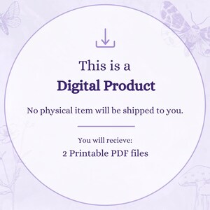 Puede incluir: Un c&iacute;rculo morado con un icono de flecha de descarga y el texto "Este es un producto digital. No se enviar&aacute; ning&uacute;n art&iacute;culo f&iacute;sico. Recibir&aacute;s: 2 archivos PDF imprimibles." El c&iacute;rculo est&aacute; sobre un fondo morado claro con un dise&ntilde;o floral.