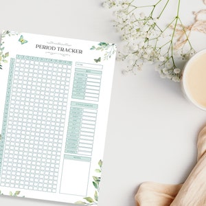 May include: A printable period tracker with a green and white floral design. The tracker includes a calendar grid, a section for cycle length, and a notes section. The text "Period Tracker" is at the top of the page.