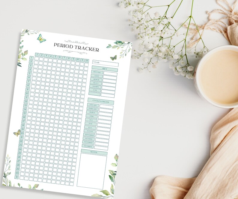 May include: A printable period tracker with a green and white floral design. The tracker includes a calendar grid, a section for cycle length, and a notes section. The text "Period Tracker" is at the top of the page.