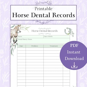 Registros dentales de caballos en formato PDF imprimible / Registros veterinarios de caballos / Gestión equina / Cuadro de atención médica de caballos