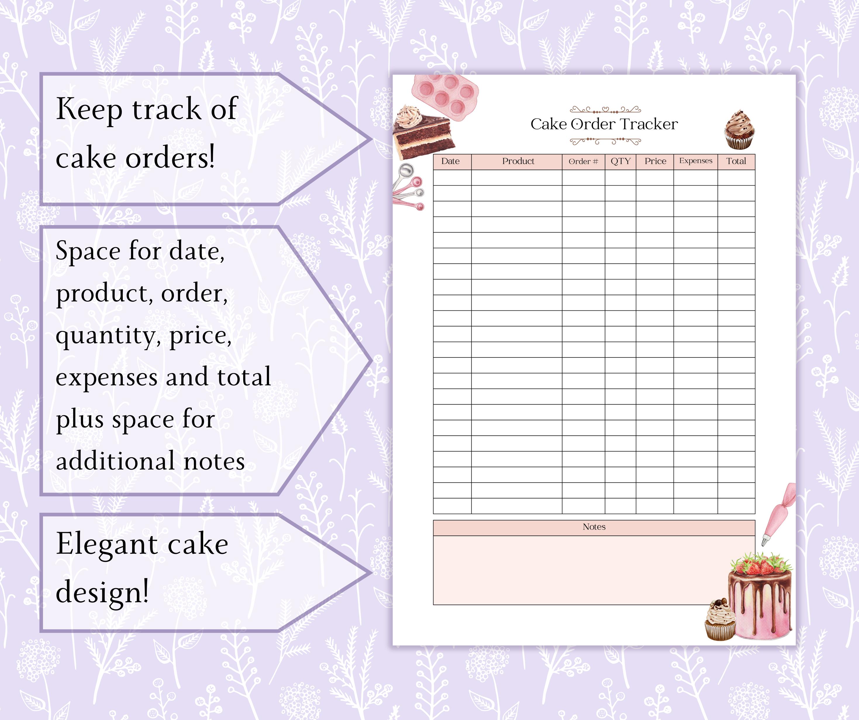 Cake Sales Tracker Printable PDF | Food Order Tracker | Cake Order ...