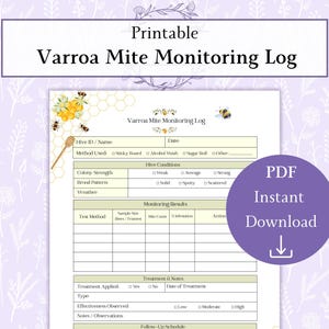 Puede incluir: Registro imprimible de monitoreo de ácaros Varroa con un círculo morado de descarga instantánea en PDF. El registro incluye secciones para las condiciones de la colmena, los resultados del monitoreo y las notas de tratamiento.