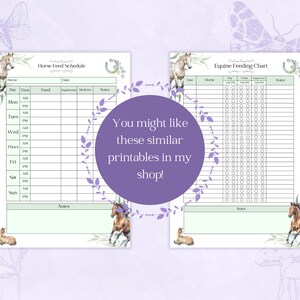May include: Two printable documents featuring horse illustrations, green accents, and floral motifs. The left sheet is titled Horse Feed Schedule with columns for day, time, feed, supplement, medicine, and notes. The right sheet is titled Equine Feeding Chart.