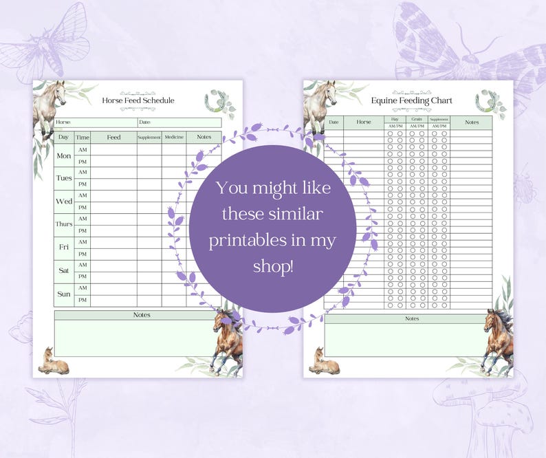 May include: Two printable documents featuring horse illustrations, green accents, and floral motifs. The left sheet is titled Horse Feed Schedule with columns for day, time, feed, supplement, medicine, and notes. The right sheet is titled Equine Feeding Chart.