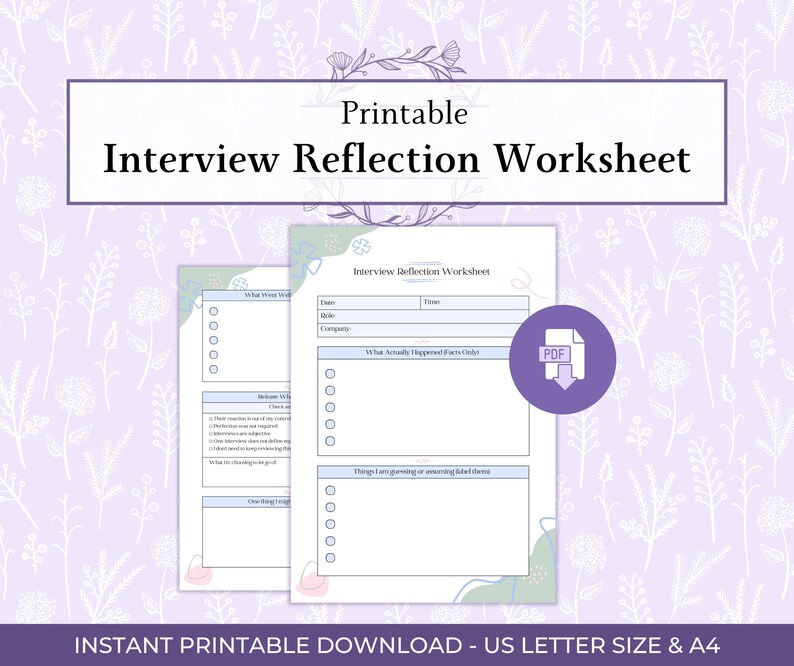 Puede incluir: Hoja de trabajo de reflexi&oacute;n de entrevista imprimible con un fondo floral. La hoja de trabajo incluye secciones para la fecha, el puesto, la empresa y preguntas de reflexi&oacute;n. Se ve un icono PDF. El texto dice "Interview Reflection Worksheet."