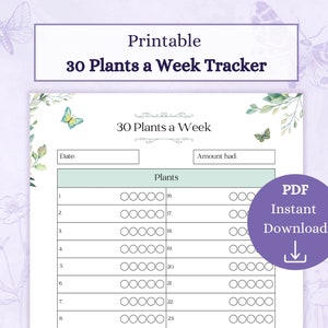May include: Printable 30 Plants a Week Tracker, a light green and white checklist with a floral design. The checklist has a section for the date, amount had, and a grid of 30 circles to track plants.