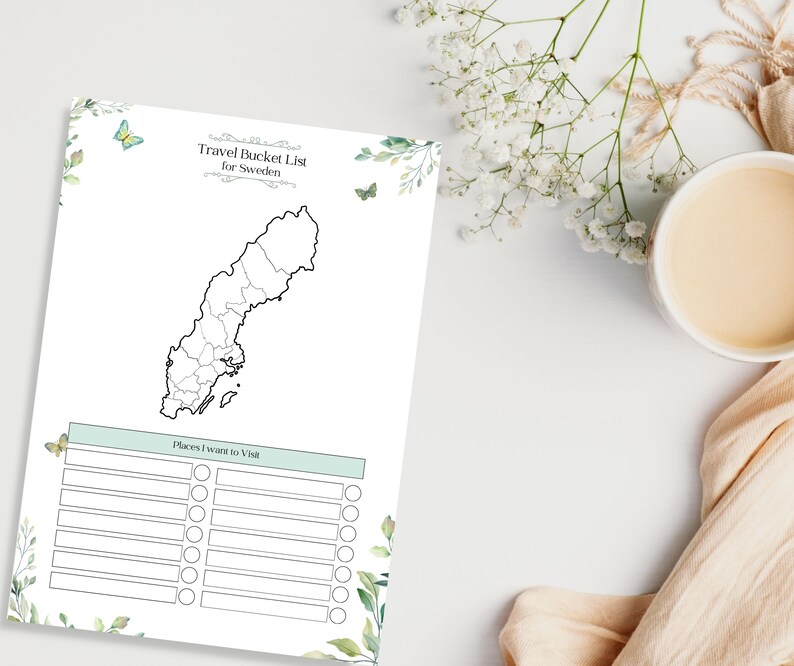 Puede incluir: Lista de viajes a hacer en Suecia para imprimir con un mapa del pa&iacute;s y una lista de verificaci&oacute;n de los lugares para visitar. El dise&ntilde;o presenta un patr&oacute;n floral verde y blanco con mariposas.
