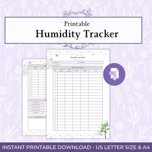 以下が含まれることがあります： 長方形のバナーに「Printable Humidity Tracker」というテキストが入った、印刷可能な湿度トラッカー。デザインには降雨ログシートとPDFアイコンが含まれています。背景は薄紫色の花柄です。