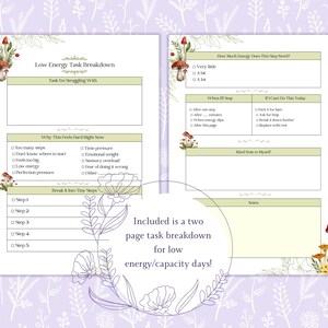 May include: Two-page task breakdown for low energy days. The pages have a light green and white design with mushroom and floral illustrations. The text includes prompts for task breakdown, energy levels, and self-care notes.