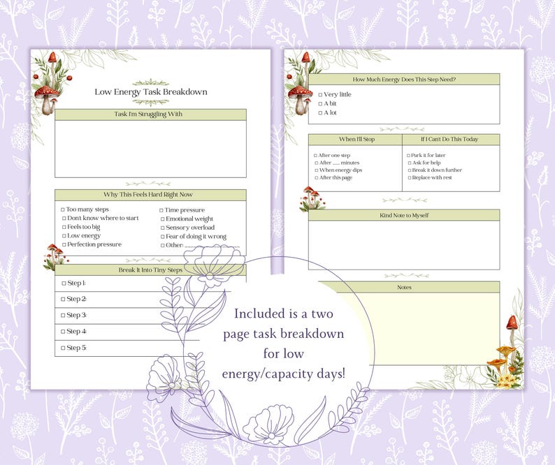 May include: Two-page task breakdown for low energy days. The pages have a light green and white design with mushroom and floral illustrations. The text includes prompts for task breakdown, energy levels, and self-care notes.