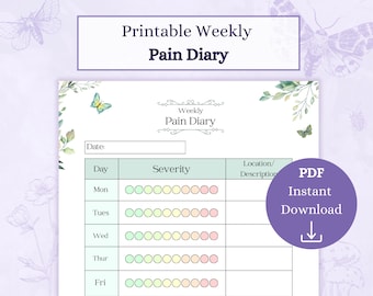 Pain Diary Printable PDF | Weekly Pain Log | Pain Tracker | Symptom Tracker | Chronic Pain Journal | Medical Tracker
