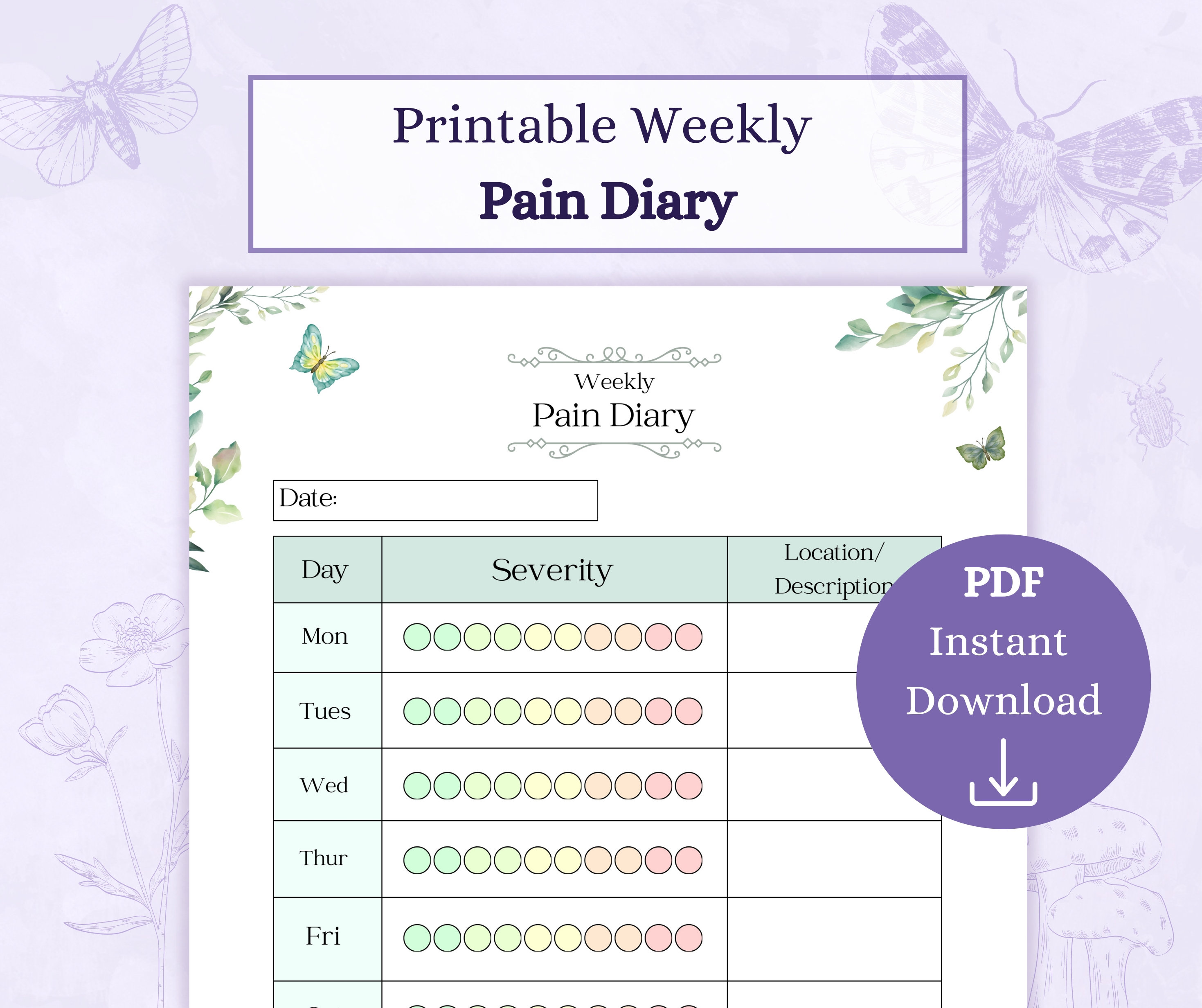 Pain Diary Printable PDF | Weekly Pain Log | Pain Tracker | Symptom ...