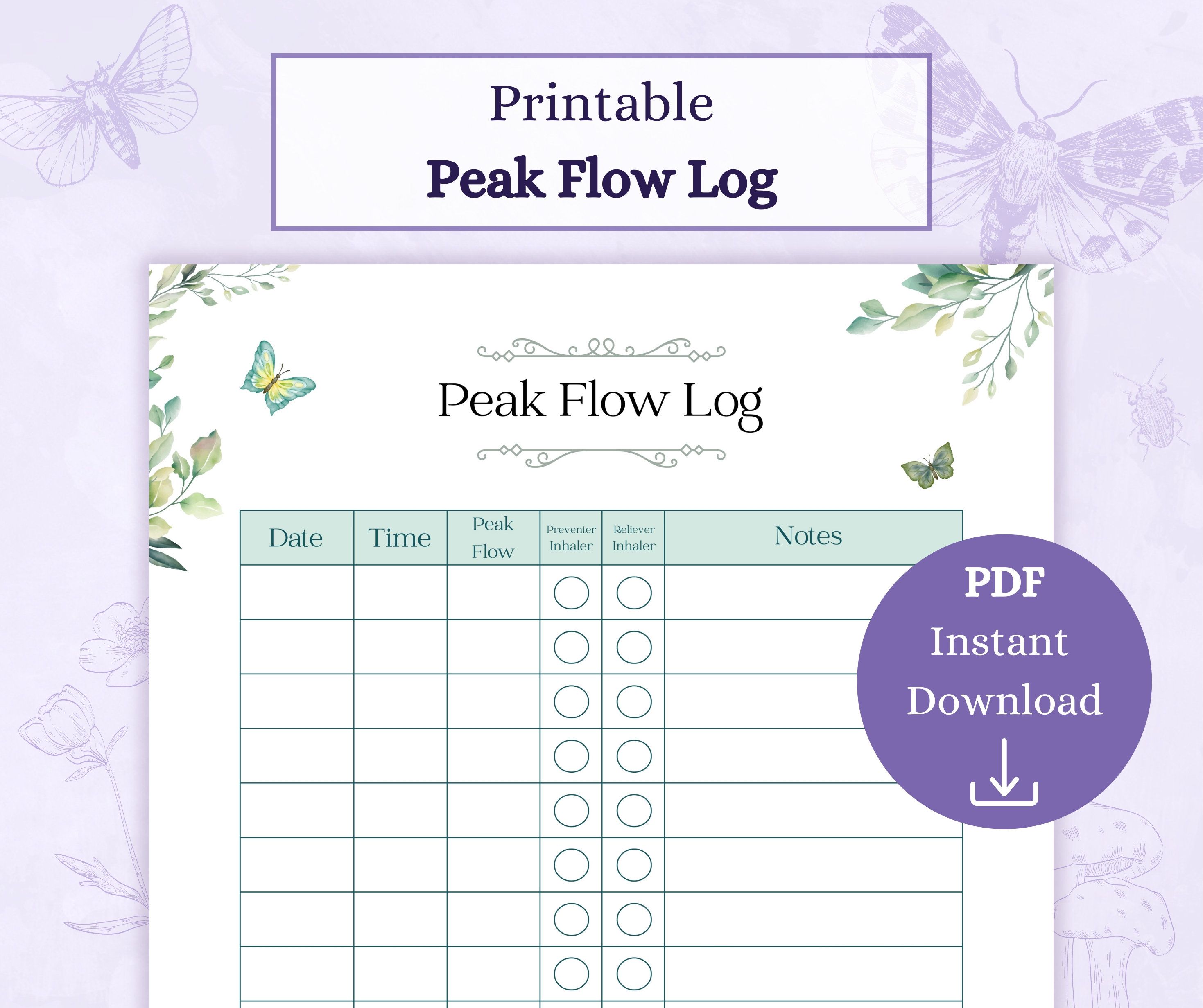 Peak Flow Log Printable PDF | Peak Flow Chart | Asthma Tracker ...