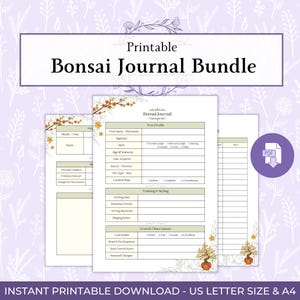 May include: Printable Bonsai Journal Bundle with a purple floral background. The journal pages include sections for tree profiles, growth observations, and training details. The text "Instant Printable Download - US Letter Size & A4" is also visible.