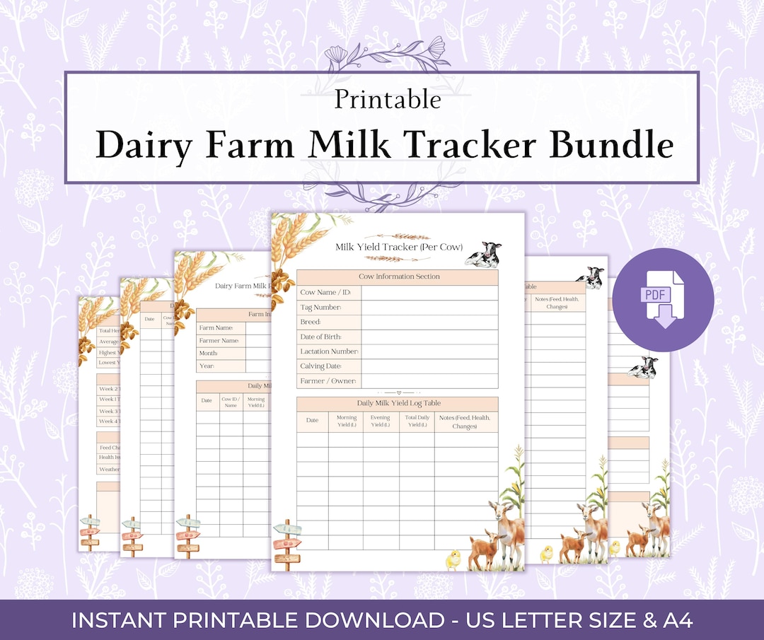 Dairy Farm Milk Tracker Bundle Printable PDF, Cow Milk Yield Log ...